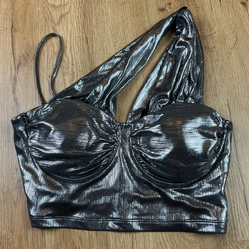 Symphony Metallic One Shoulder Crop Top Large Foil Bustier Party